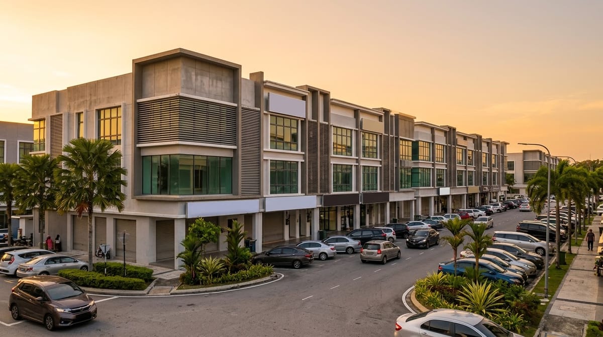 A row of three-storey shoplots at golden hour, with cars parked along the street and palm trees on the kerb