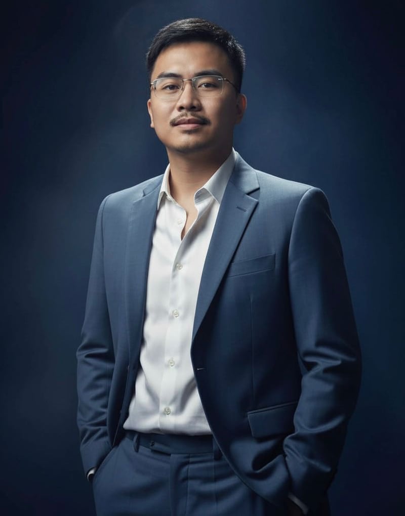 Denny, in a navy suit and open-collar shirt, photographed against a dark studio background