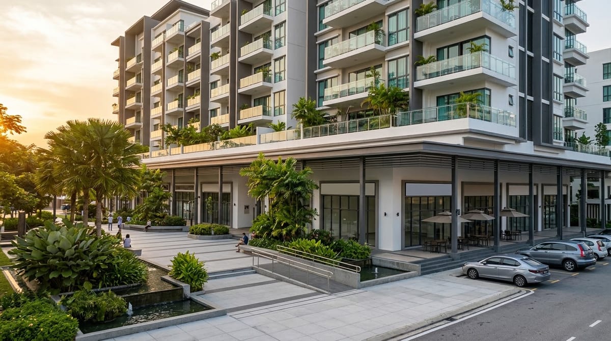 Apartments above ground-floor retail units at golden hour, with a landscaped plaza and water feature in front
