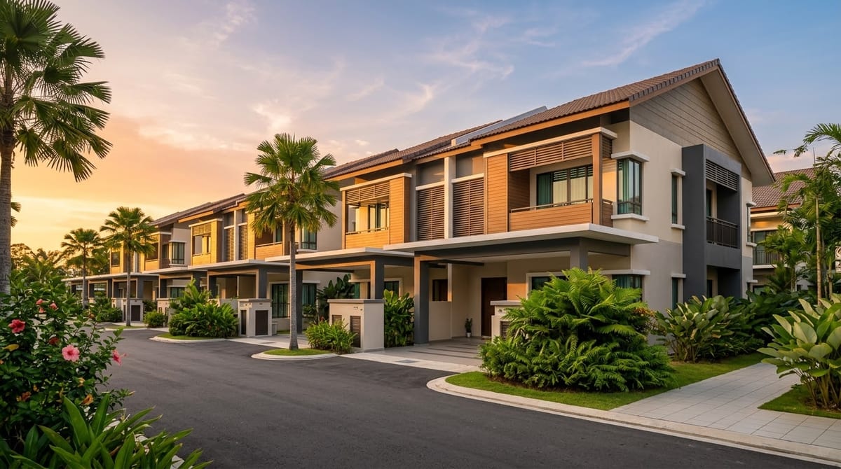Row of modern double-storey terrace houses at golden hour, with palm trees and tropical planting along the street