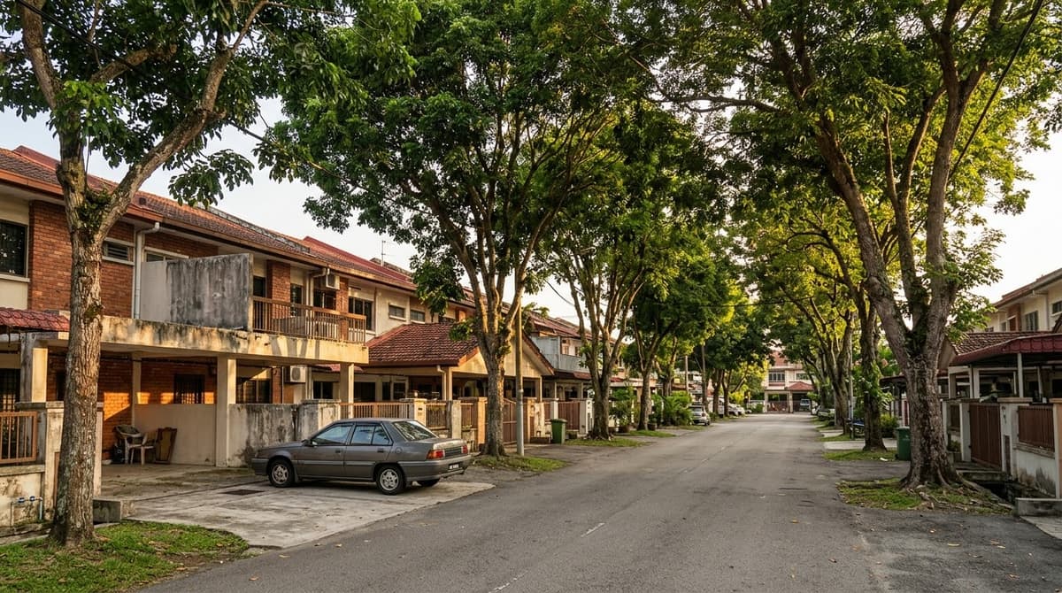 An established terrace house street lined with mature trees, a car parked in a driveway